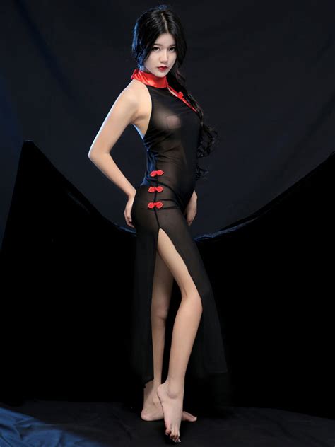 qipao dress sexy chinese costume black night lingerie halloween