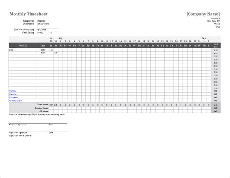 monthly timesheet template  excel