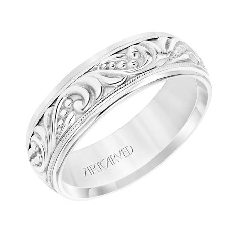 artcarved mm  white gold engraved paisley pattern band mens wedding band shop