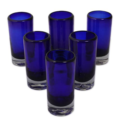 set of 6 blue hand blown mexican tequila shot glasses pure cobalt