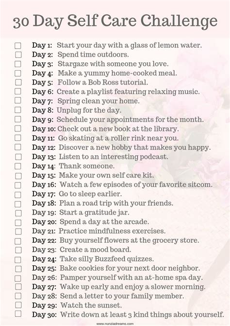 30 days of self care challenge checklist self care activities self