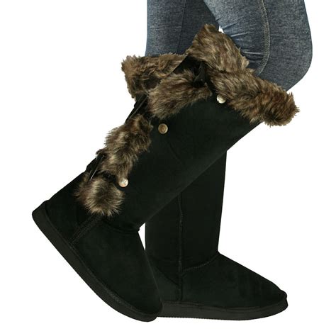 womens black fur knee high tall flat winter ella boots ebay