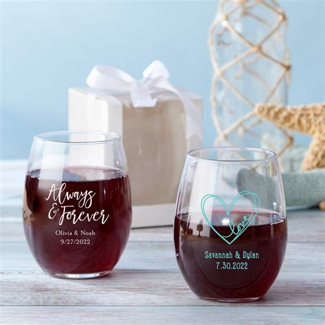 personalized wedding 9 oz stemless wine glass t box available mwf