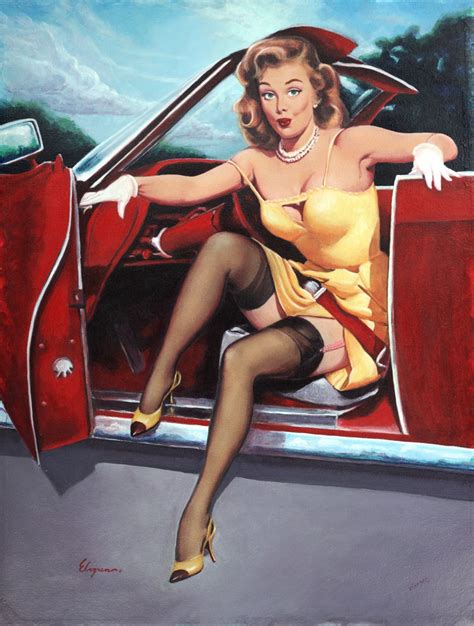Sale Elvgren Stepping Out Pinup Red Convertible 1950s