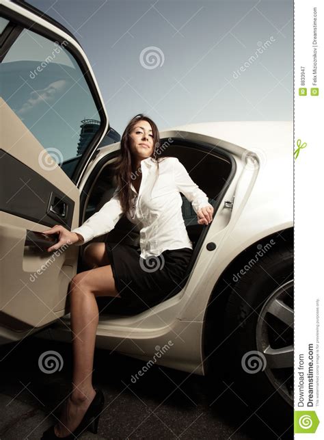 Woman Getting Out Of Her Car Stock Image Image Of Smile