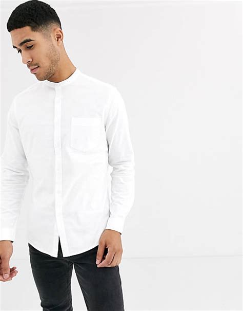 asos design smal stretch oxford overhemd zonder kraag  wit asos