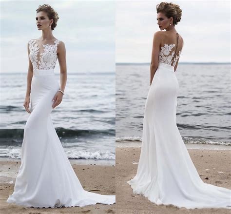 China Beach Bridal Gowns Illusion Nekcline Mermaid Chiffon Lace Wedding
