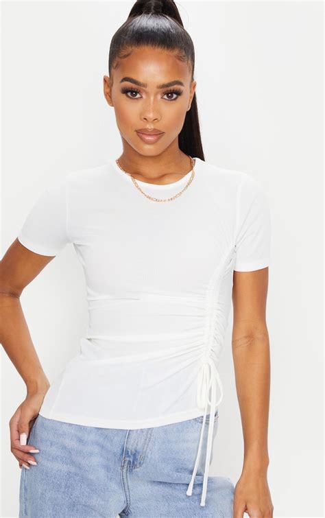 white rib ruched side t shirt tops prettylittlething ca
