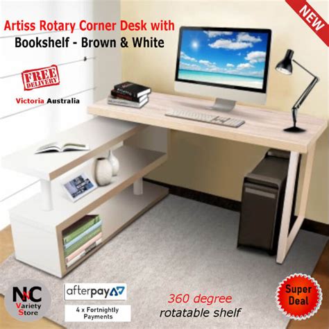 artiss rotary corner desk  bookshelf brown white nice  cheap