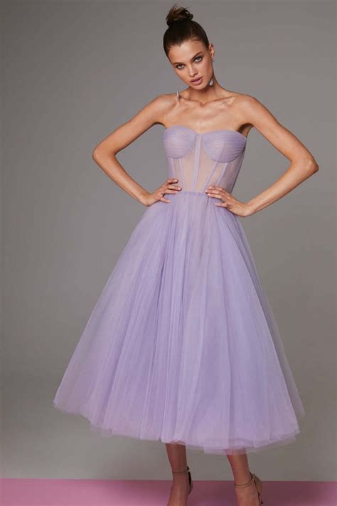 Lavender Strapless Puffy Midi Tulle Dress Milla Dresses Usa