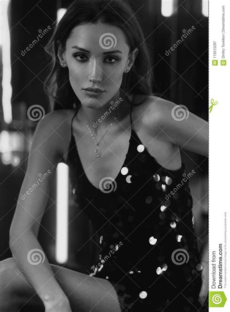 Waist Up Portrait Of Woman In Sequin Dress Stock Image Image Of