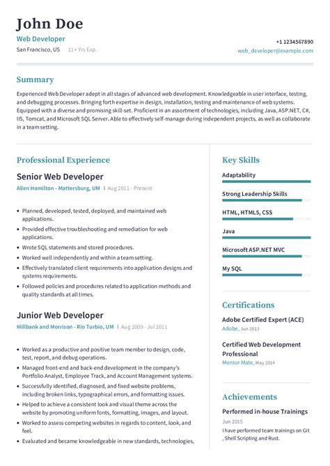 web developer resume   pre filled content craftmycv