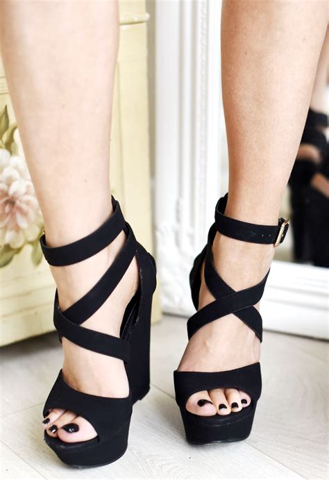 ladies womens ankle strap peep toe high wedge heels platform sandals shoes size ebay