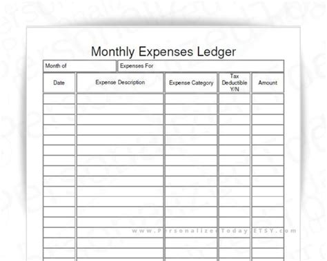 monthly expenses ledger fillable  print  write  etsy