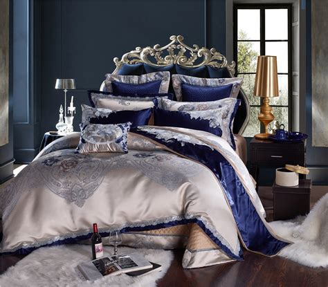 blauw zilver zijde katoen satijn jacquard luxe chinese beddengoed set queen king size beddengoed