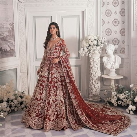 maroon  red lehenga maxi dress pakistani bridal wear uy collection