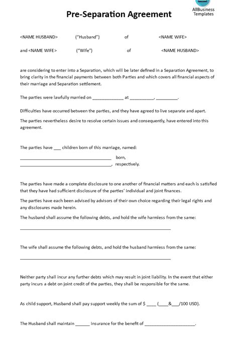 Pre Separation Agreement Download This Pre Separation