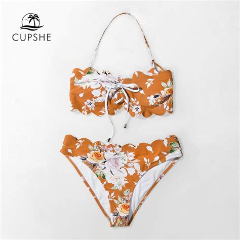 cupshe orange floral scalloped bikini sets women sexy halter two pieces