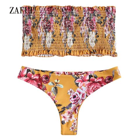 Zaful Smocked Bikini Ruffles Swimwear Women Swimsuit Sexy Low Waisted