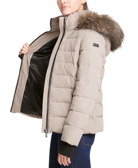 dkny womens faux fur hooded puffer jacket couturepoint