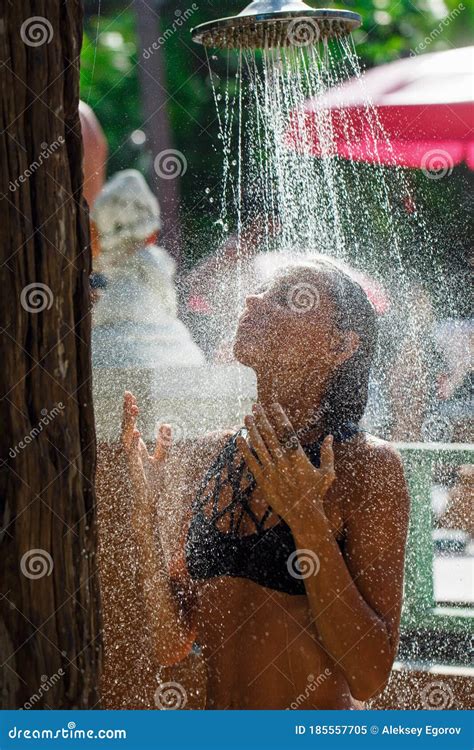 Beautiful Girl Takes A Shower On The Beach Stock Image Image Of Drop