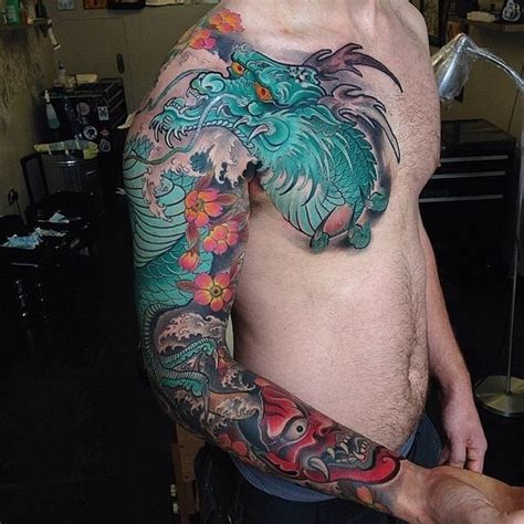 Neo Japanese Style Colored Sleeve And Chest Tattoo Of Big Dragon With