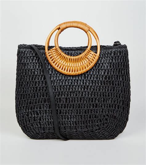 black straw effect woven handle tote bag   fall handbags fashion handbags purses