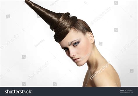Fashion Girl With Strange Hair Dress Bright Makeup