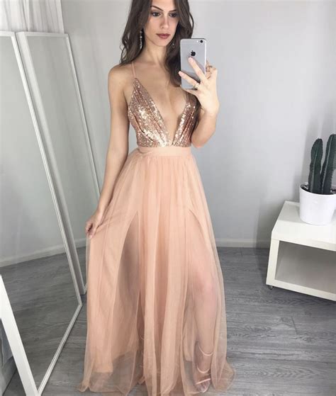 Pink V Neck Sequin Chiffon Long Prom Dress Evening Dress · Dream Prom