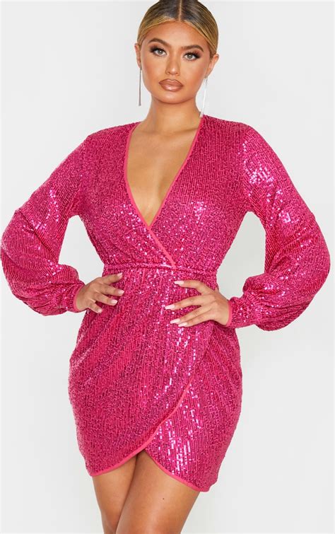 Pink Sequin Long Sleeve Plunge Wrap Dress Prettylittlething