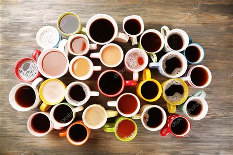 Many Cups Of Coffee On Wooden Table Top View — Stock