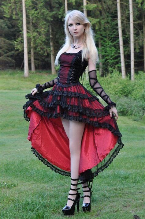 Gothic Girl Long Blonde Hair Red Black Dress Gothic