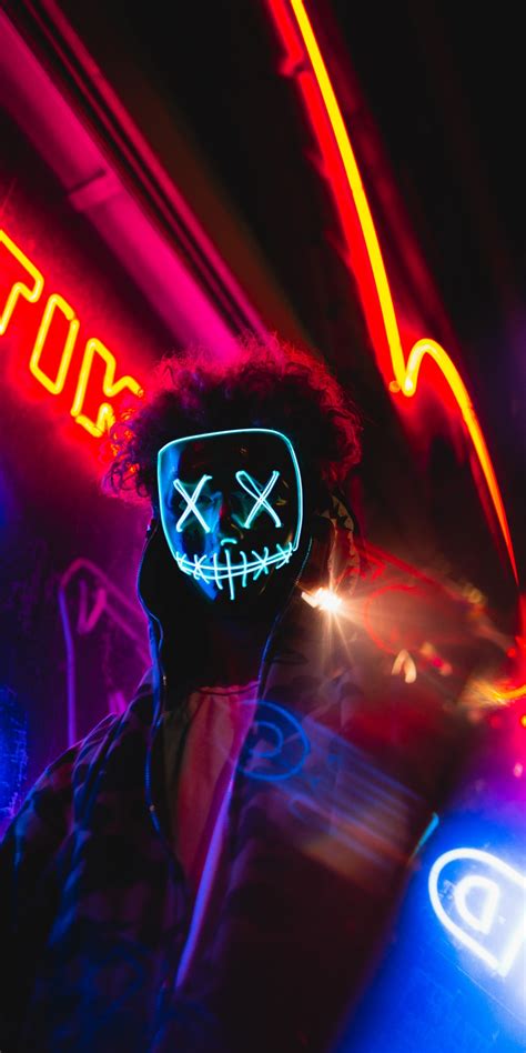 led mask wallpaper  neon lights portrait colorful