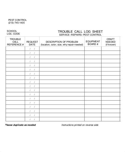 printable table   service call log sheet