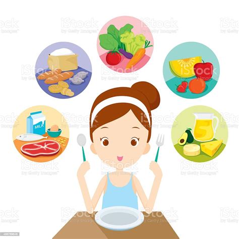 cute girl ready to eat the 5 food groups stock vector art and more images