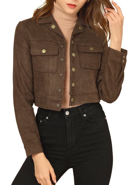 allegra  womens turn  collar button  faux suede cropped jacket  deep brown walmart