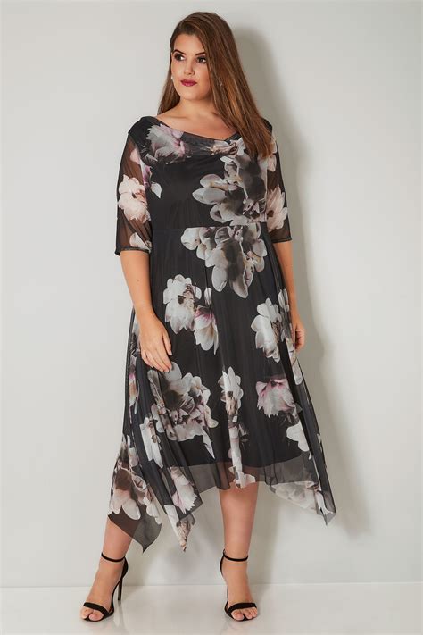 yours london black and cream floral mesh dress with cowl