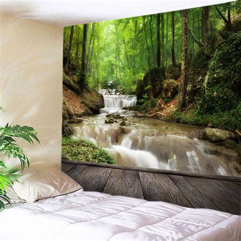 tapisserie murale decorative imprime ruisseau dans la foret en green