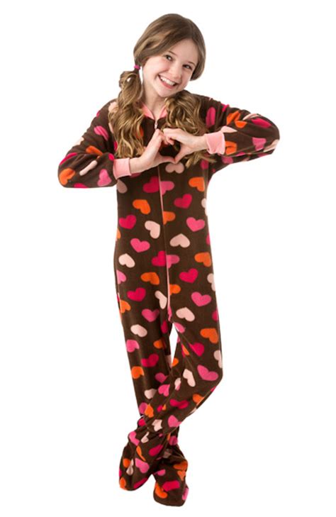 Chocolate Brown With Colorful Hearts Fleece Onesie Footed Pajamas For