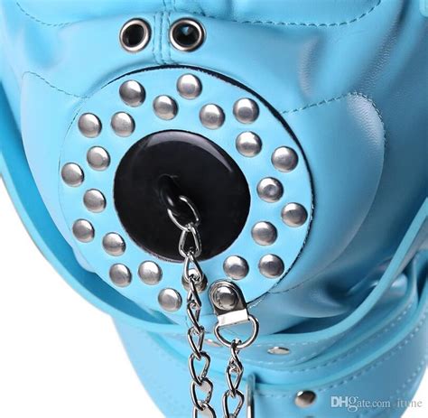 hot leather bondage hood mask eyepatch tube mouth gag headgear sex product toys rose and blue