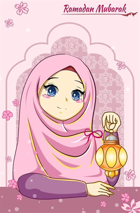 Beautiful Girl With Lantern At Ramadan Mubarak Cartoon Illustration