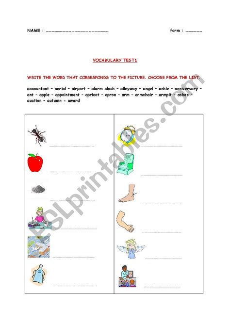 vocabulary test esl worksheet  catyli