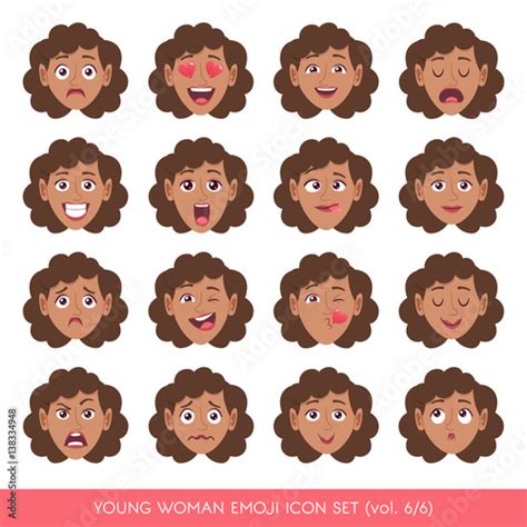 set of female facial emotions black woman emoji character with