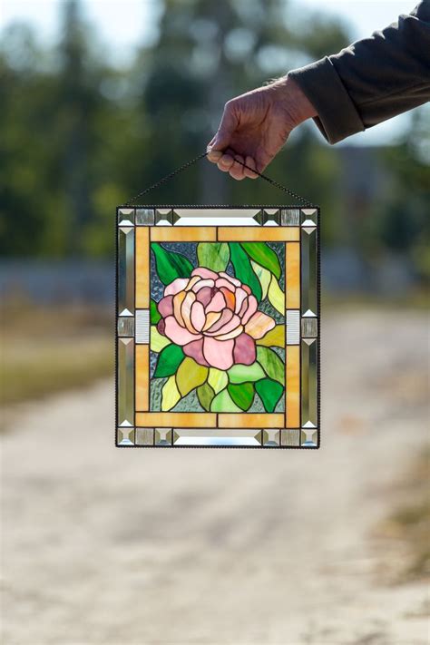 peony stained glass window panel custom stained glass window hanging