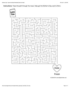 mothers day maze worksheet   card   heart  levels