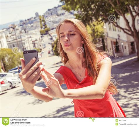 teenage girl taking selfie stock image image of blonde 44217569