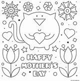 Mothers Coloring Happy Pages Cat Flowers Hearts Printable Illustration Vector sketch template