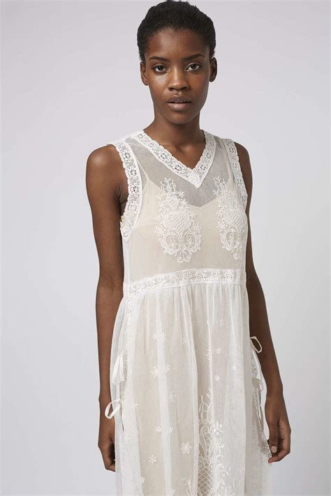topshop sheer embroidered night slip in ivory white lyst
