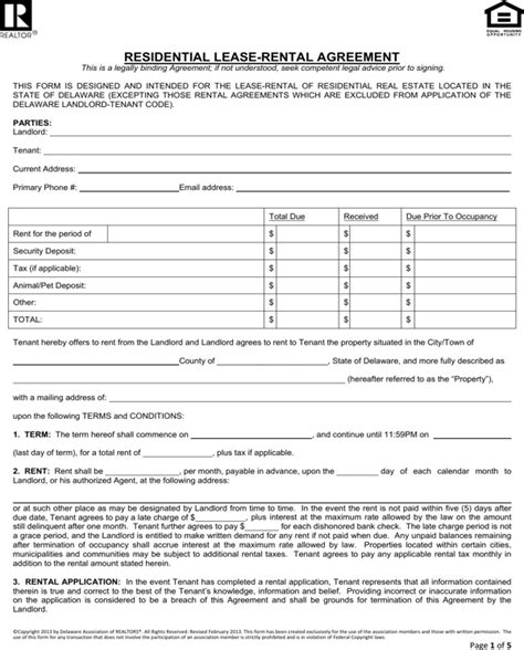 printable delaware lease agreement printable templates