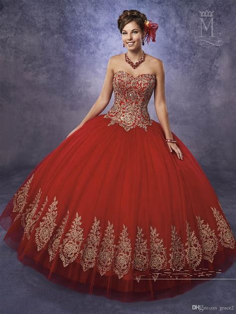 Bright Red Quinceanera Dresses With Gold Appliques And Sweetheart